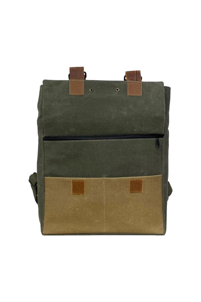 GURTA Sırt Çantası Mumlu Kanvas & Hakiki Deri El Çantası (14 inç tablet notebook) 25x31 cm Haki