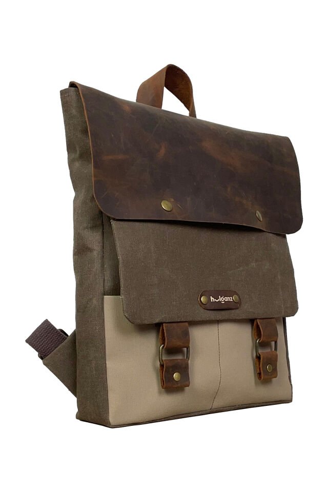 GURTA Sırt Çantası Mumlu Kanvas & Hakiki Deri El Çantası (14 inç tablet notebook) 25x31 cm Kahverengi