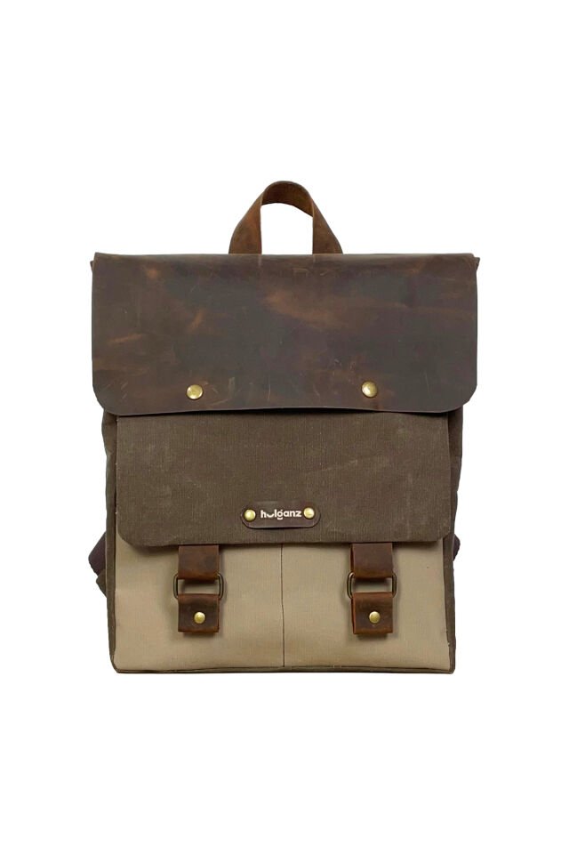 GURTA Sırt Çantası Mumlu Kanvas & Hakiki Deri El Çantası (14 inç tablet notebook) 25x31 cm Kahverengi