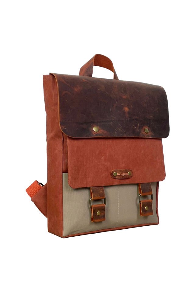 GURTA Sırt Çantası Mumlu Kanvas & Hakiki Deri El Çantası (14 inç tablet notebook) 25x31 cm Turuncu