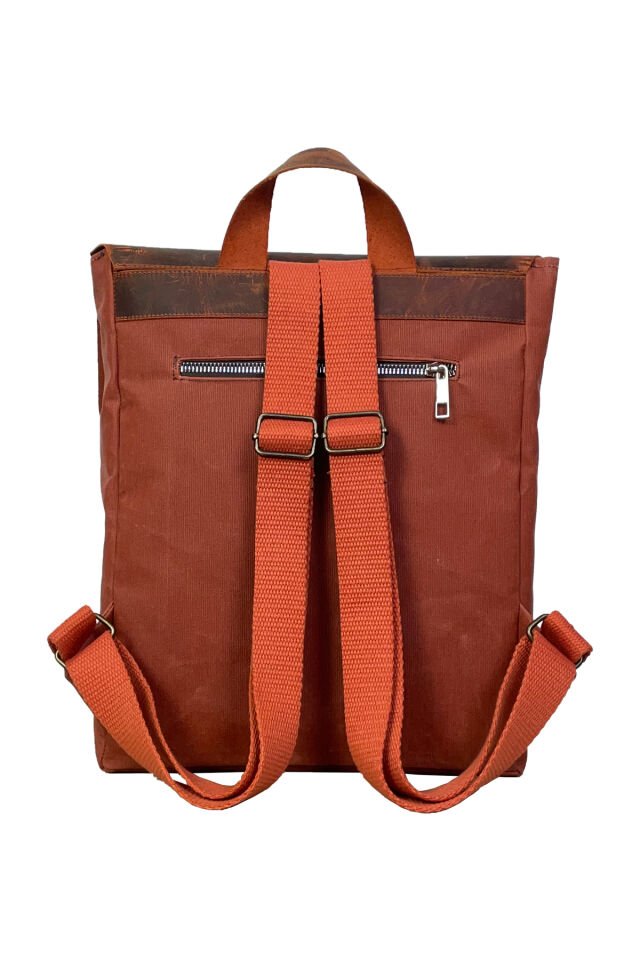 GURTA Sırt Çantası Mumlu Kanvas & Hakiki Deri El Çantası (14 inç tablet notebook) 25x31 cm Turuncu