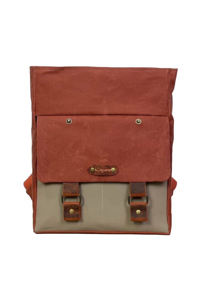 GURTA Sırt Çantası Mumlu Kanvas & Hakiki Deri El Çantası (14 inç tablet notebook) 25x31 cm Turuncu