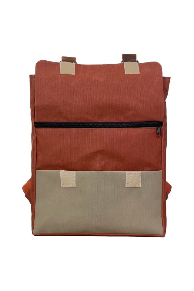 GURTA Sırt Çantası Mumlu Kanvas & Hakiki Deri El Çantası (14 inç tablet notebook) 25x31 cm Turuncu