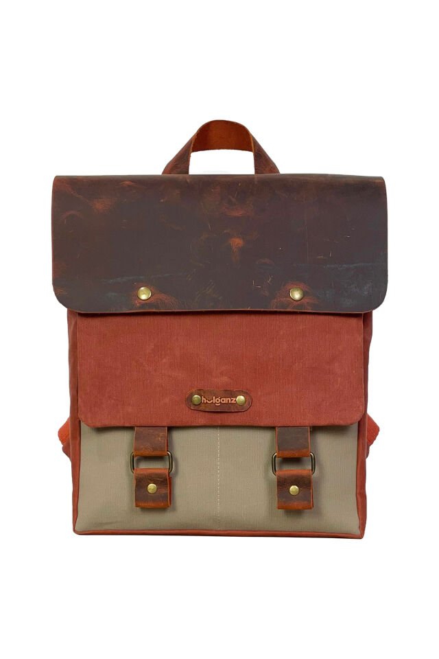 GURTA Sırt Çantası Mumlu Kanvas & Hakiki Deri El Çantası (14 inç tablet notebook) 25x31 cm Turuncu