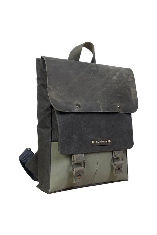 GURTA Sırt Çantası Mumlu Kanvas & Hakiki Deri El Çantası (14 inç tablet notebook) 25x31 cm Siyah