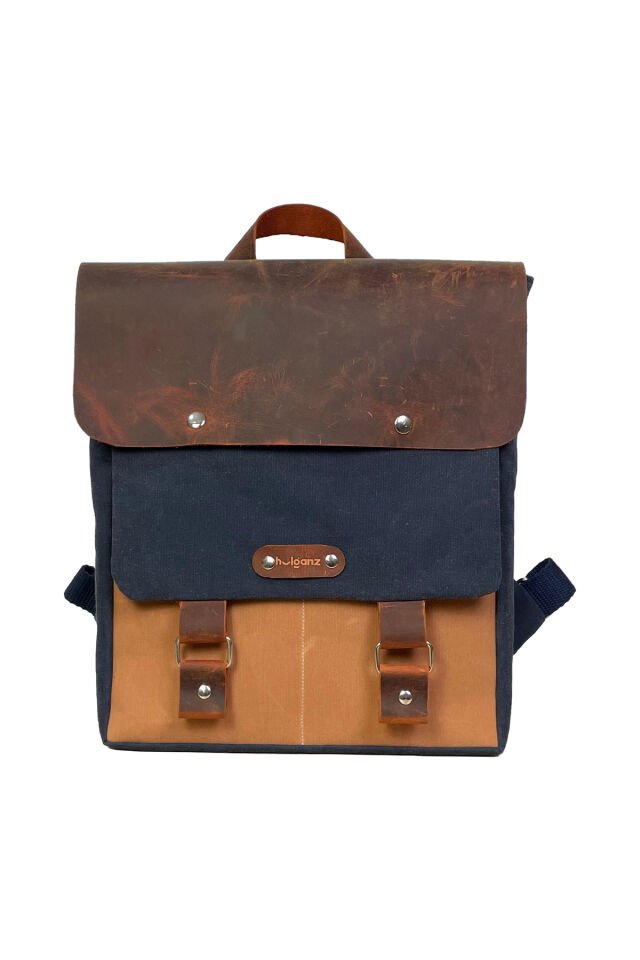 GURTA Sırt Çantası Mumlu Kanvas & Hakiki Deri El Çantası (14 inç tablet notebook) 25x31 cm Lacivert