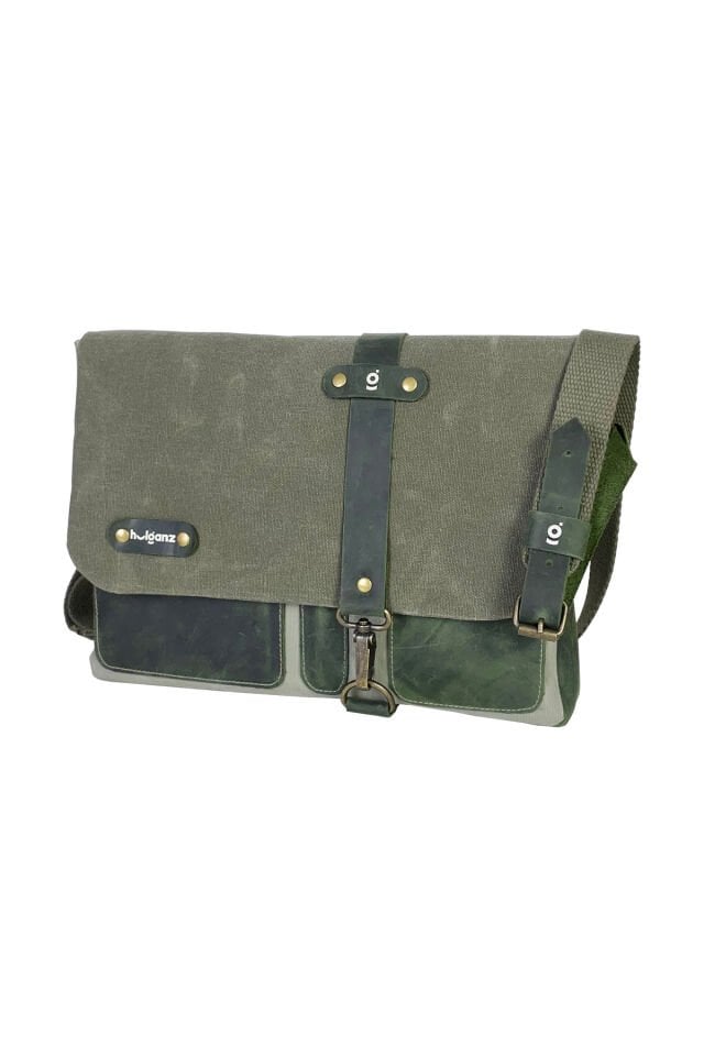 Halwara Mumlu Kanvas & Hakiki Deri Postacı Çantası (Messenger Bag) 22x31 cm / 13 inç Haki