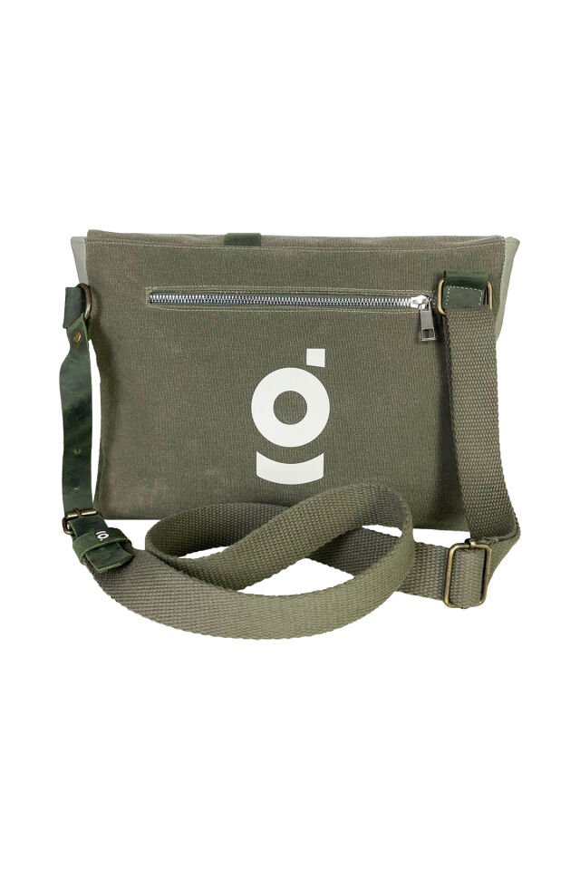 Halwara Mumlu Kanvas & Hakiki Deri Postacı Çantası (Messenger Bag) 22x31 cm / 13 inç Haki