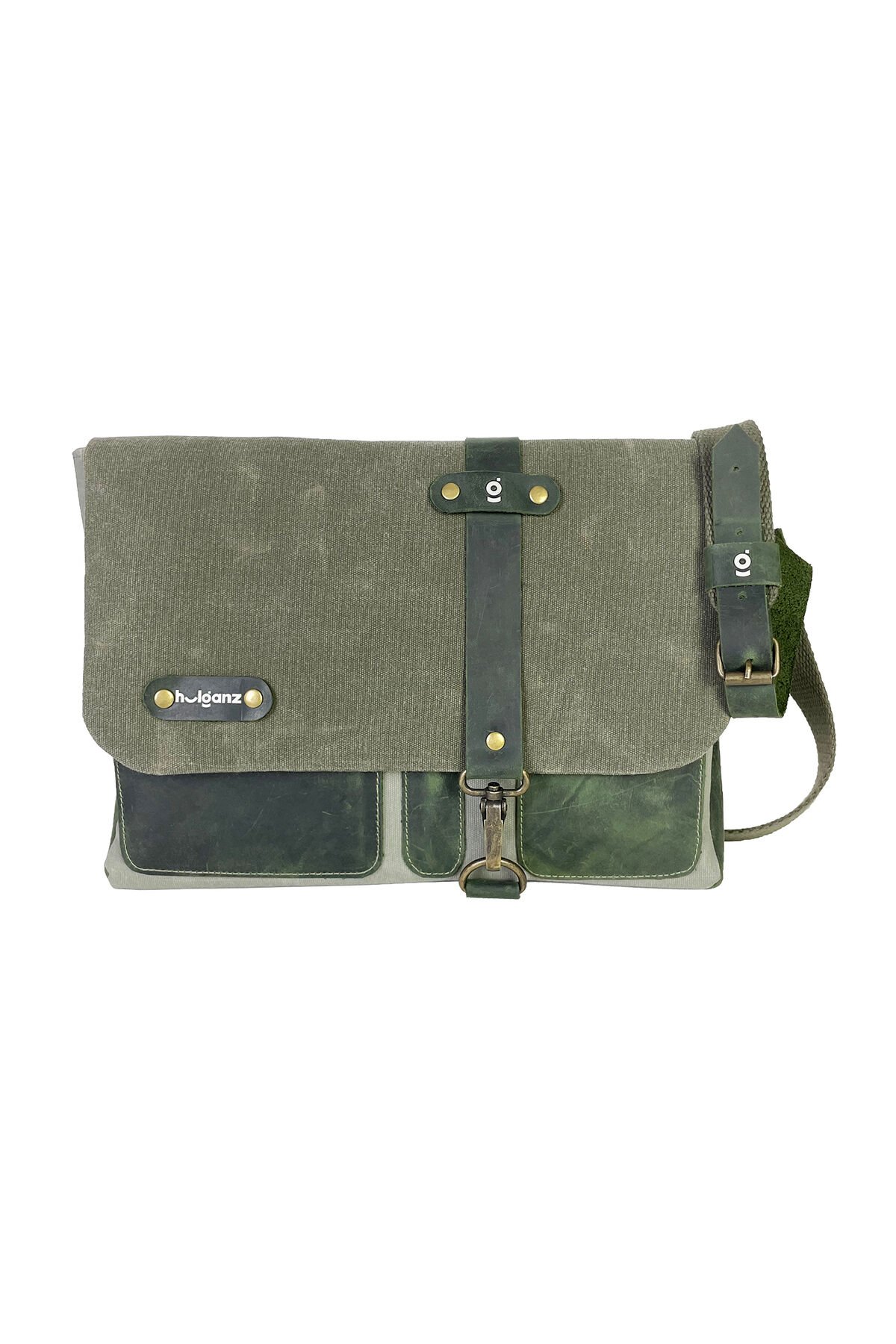 Halwara Mumlu Kanvas & Hakiki Deri Postacı Çantası (Messenger Bag) 22x31 cm / 13 inç Haki