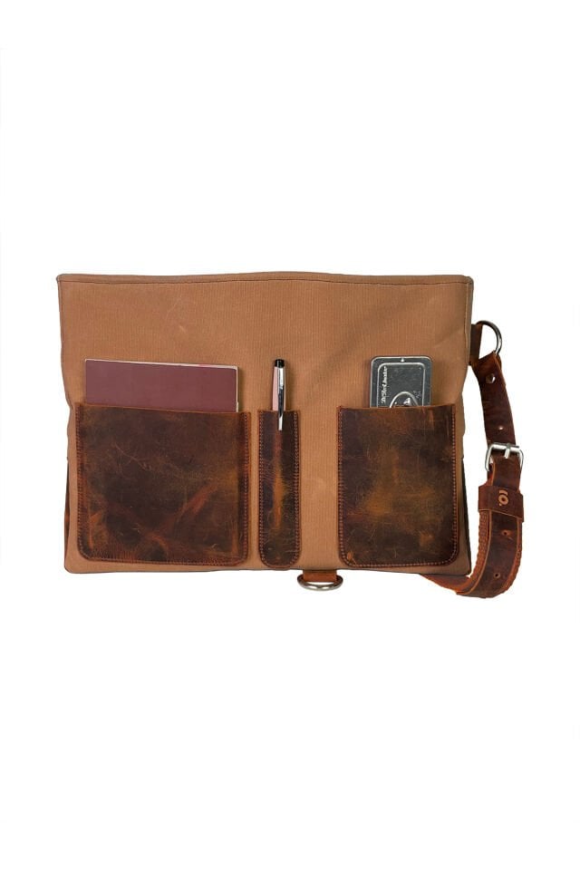 Halwara Mumlu Kanvas & Hakiki Deri Postacı Çantası (Messenger Bag) 22x31 cm / 13 inç Turuncu