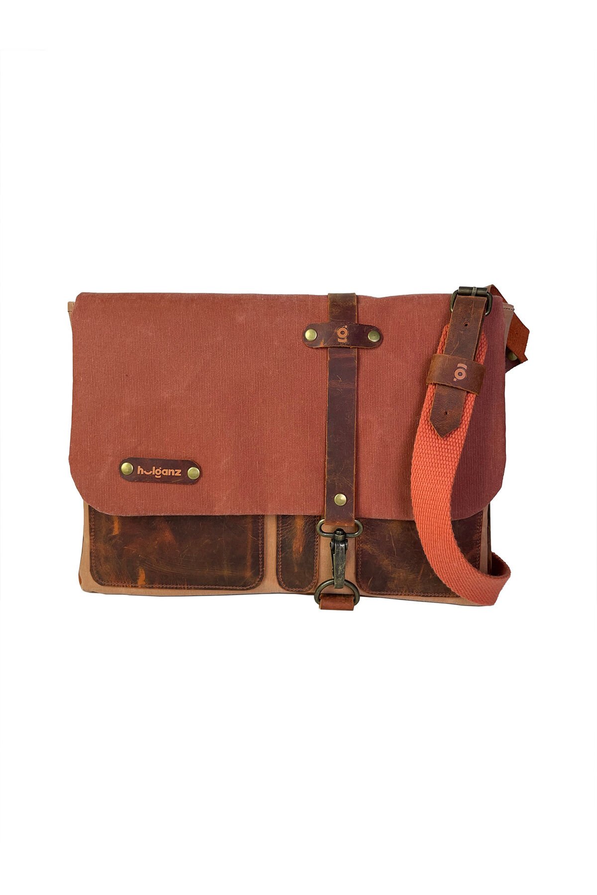 Halwara Mumlu Kanvas & Hakiki Deri Postacı Çantası (Messenger Bag) 22x31 cm / 13 inç Turuncu