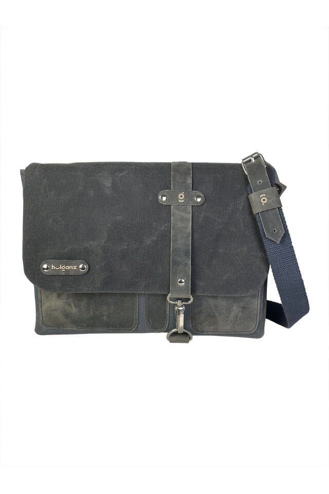 Halwara Mumlu Kanvas & Hakiki Deri Postacı Çantası (Messenger Bag) 22x31 cm / 13 inç Siyah