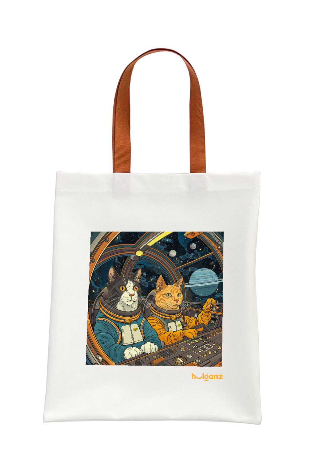 Tote Bag Bez Çanta  Kedi Uzayda Turuncu Saplı Baskılı 33x40cm Ekru