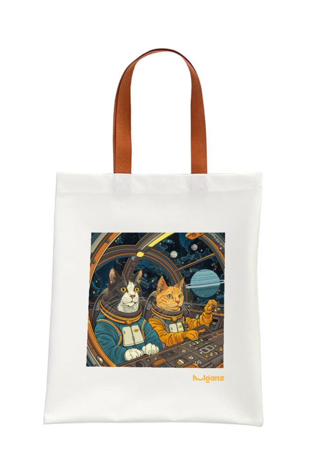 Tote Bag Bez Çanta  Kedi Uzayda Turuncu Saplı Baskılı 33x40cm Ekru