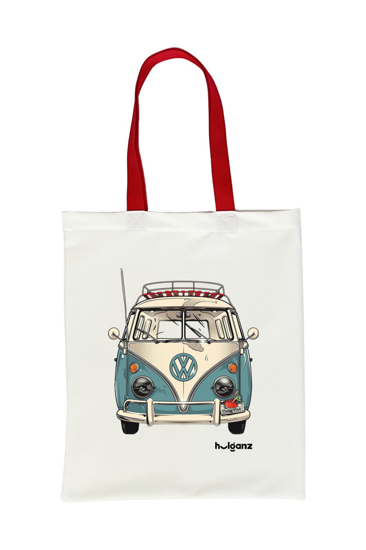 Tote Bag Bez Çanta  Clasic Cars Kırmızı Saplı Baskılı 33x40cm Ekru