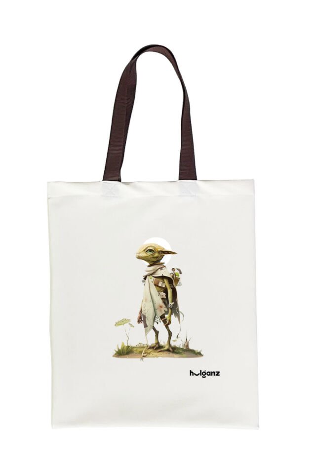 Tote Bag Bez Çanta  Uzaylı Kahverengi Saplı Baskılı 33x40cm Ekru