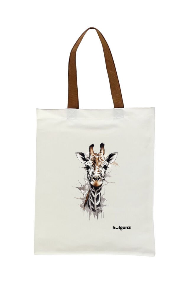 Tote Bag Bez Çanta  Zürafa Taba Saplı Baskılı 33x40cm Ekru
