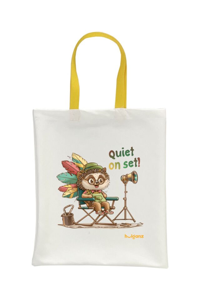 Tote Bag Bez Çanta  Yönetmen Kirpi Sarı Saplı Baskılı 33x40cm Ekru