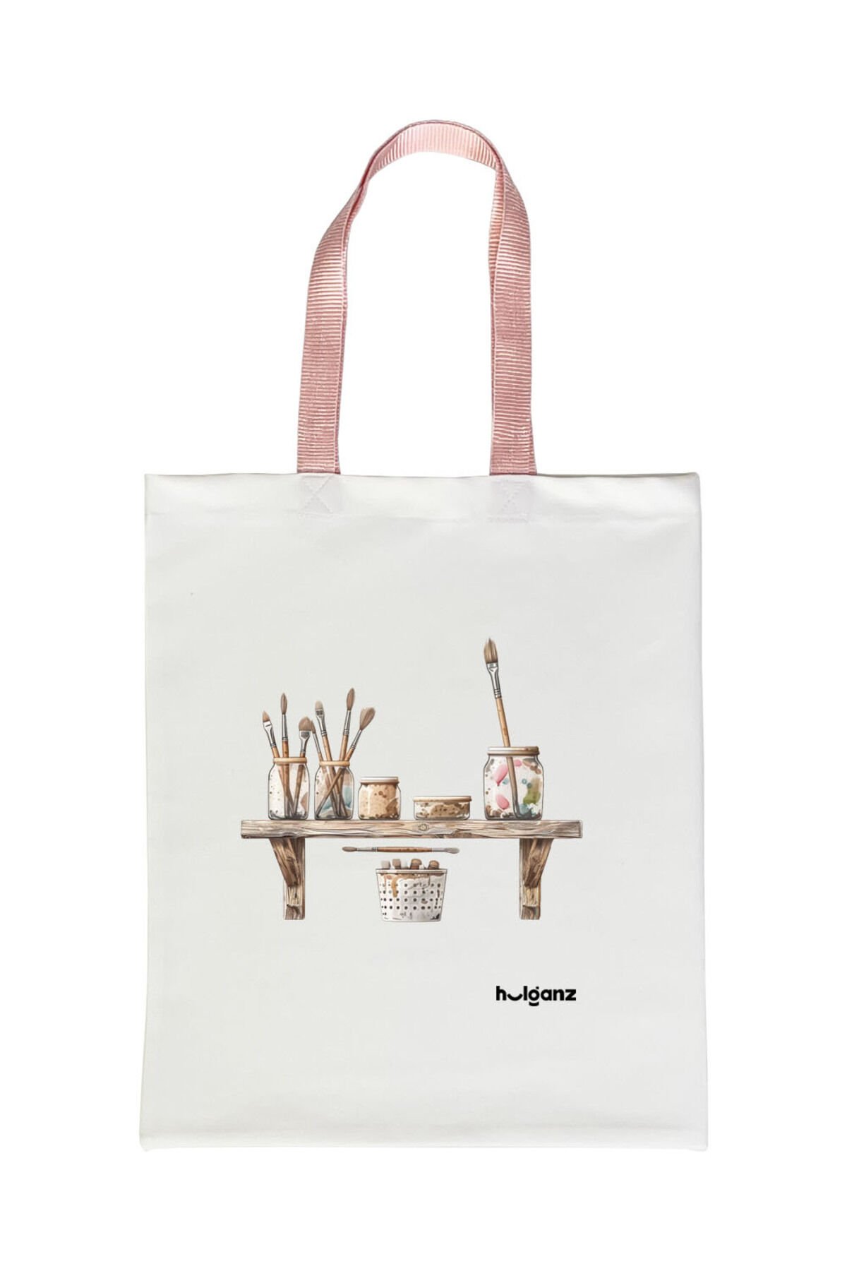 Tote Bag Bez Çanta  Boy Fırçaları Pembe Saplı Baskılı 33x40cm Ekru