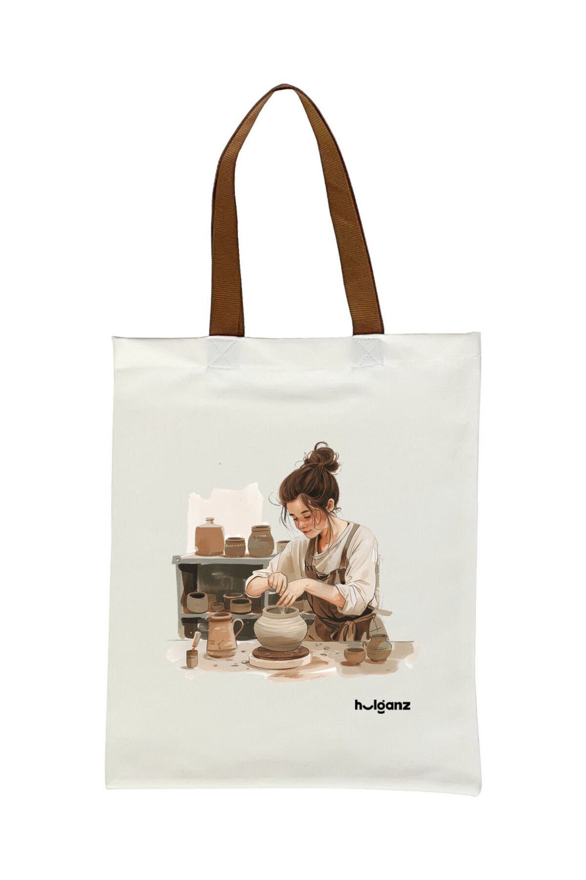 Tote Bag Bez Çanta  Çömlekçi Kız Kahverengi Saplı Baskılı 33x40cm Ekru