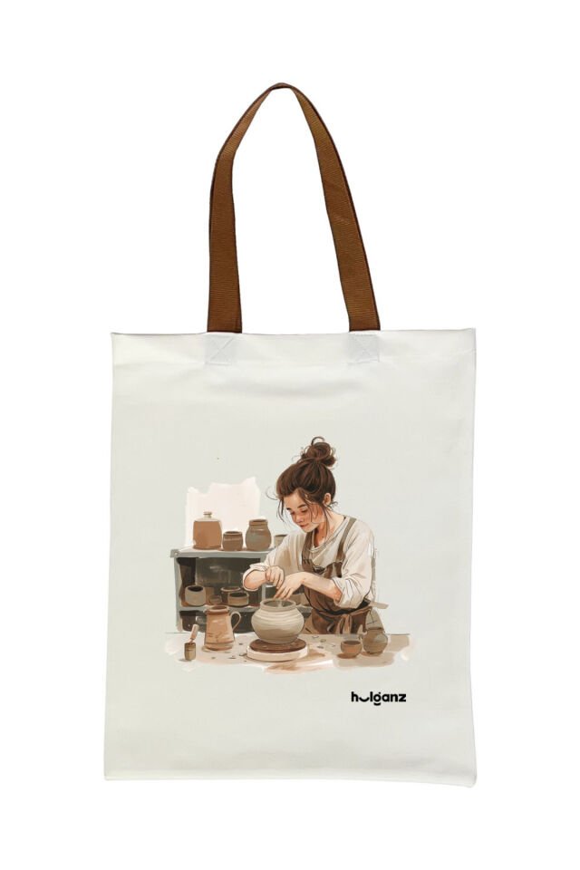 Tote Bag Bez Çanta  Çömlekçi Kız Kahverengi Saplı Baskılı 33x40cm Ekru