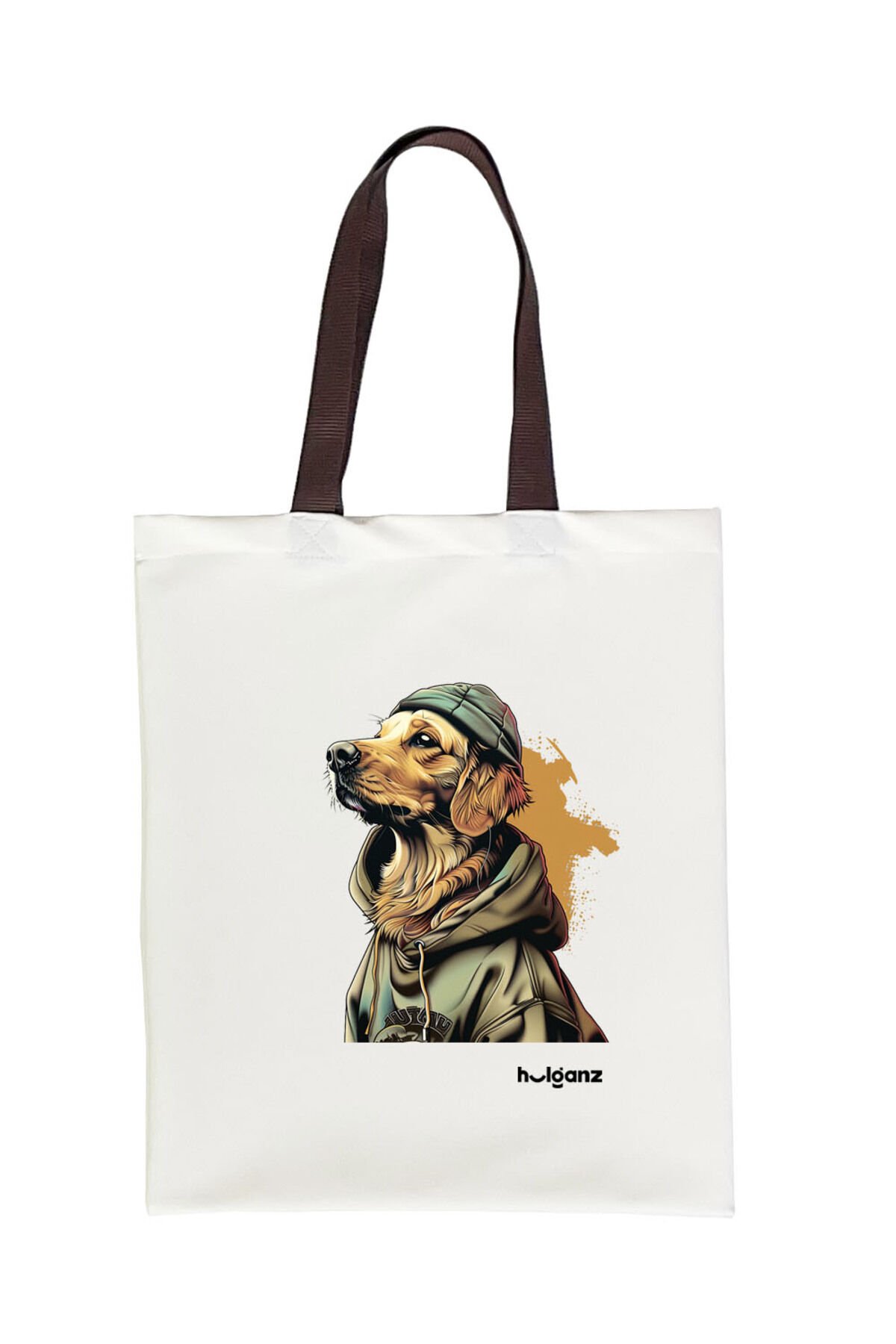 Tote Bag Bez Çanta  Golden Retriever Kahverengi Saplı Baskılı 33x40cm Ekru