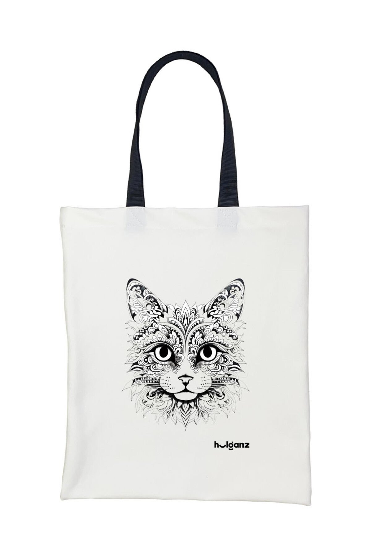 Tote Bag Bez Çanta  Kedi Mandala Siyah Saplı Baskılı 33x40cm Ekru