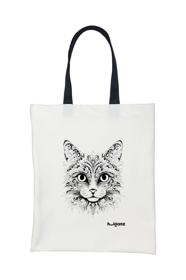 Tote Bag Bez Çanta  Kedi Mandala Siyah Saplı Baskılı 33x40cm Ekru