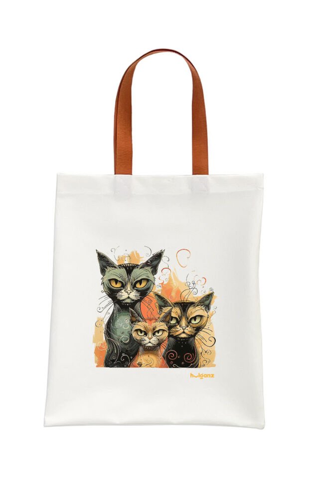 Tote Bag Bez Çanta  Kedi Çetesi Turuncu Saplı Baskılı 33x40cm Ekru