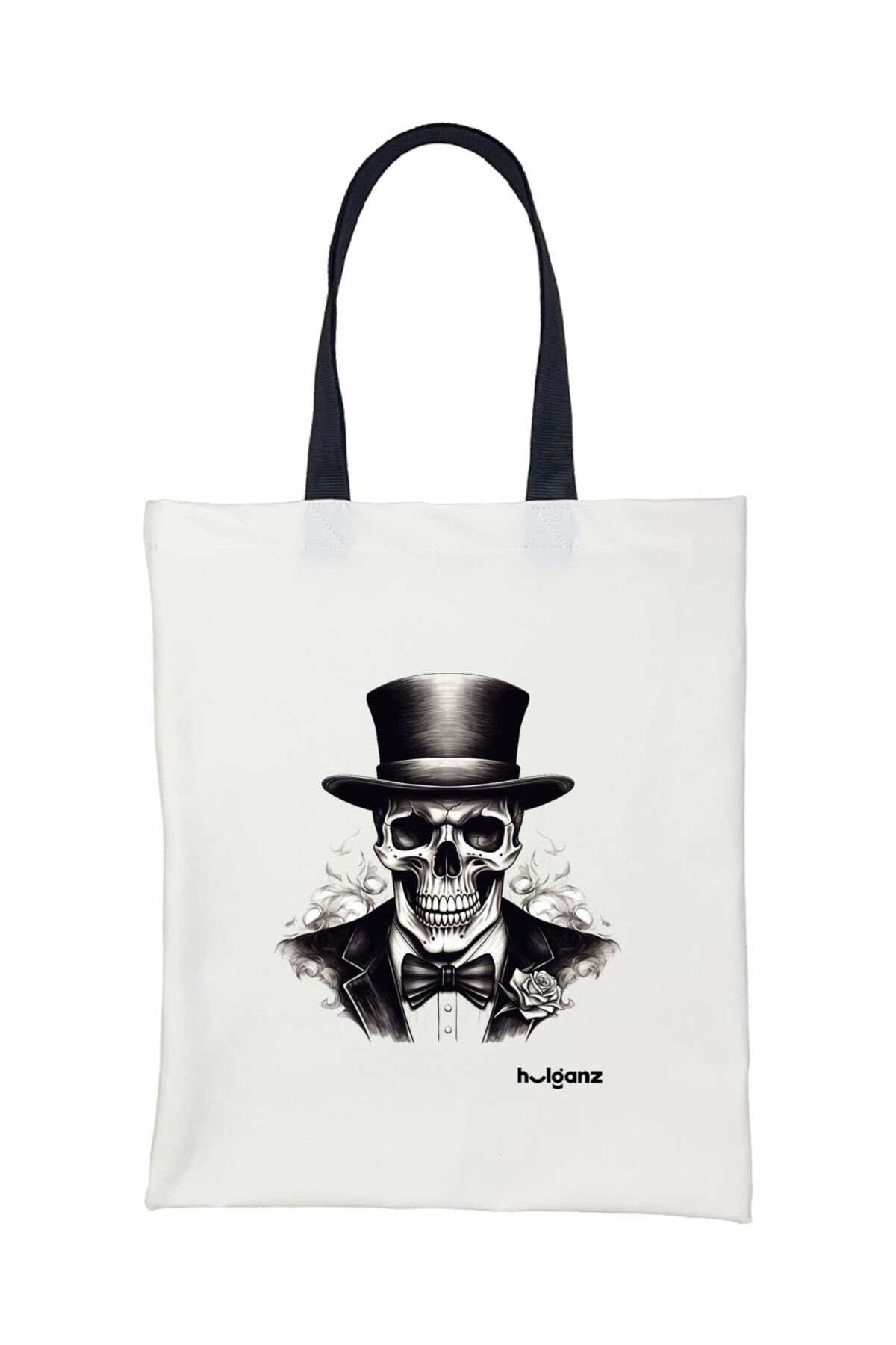 Tote Bag Bez Çanta  Kurukafa Siyah Saplı Baskılı 33x40cm Ekru