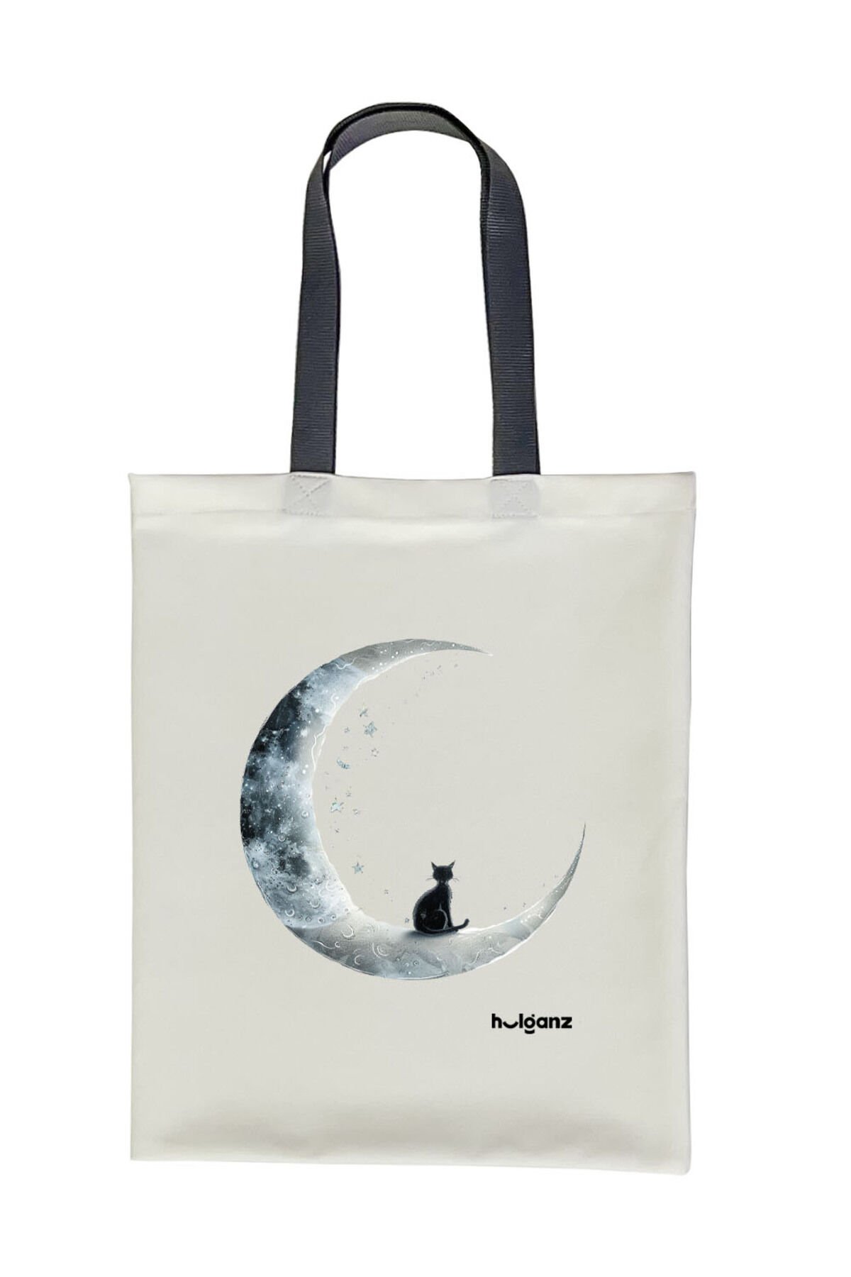 Tote Bag Bez Çanta  Ay ve Kedi Antrasit Saplı Baskılı 33x40cm Ekru