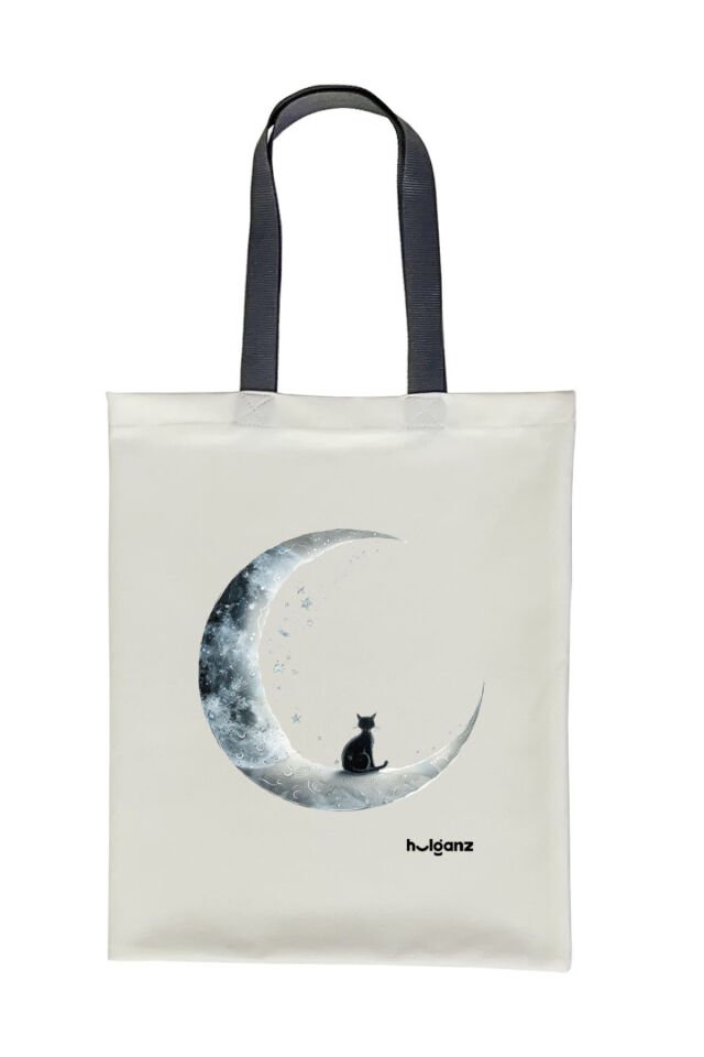 Tote Bag Bez Çanta  Ay ve Kedi Antrasit Saplı Baskılı 33x40cm Ekru