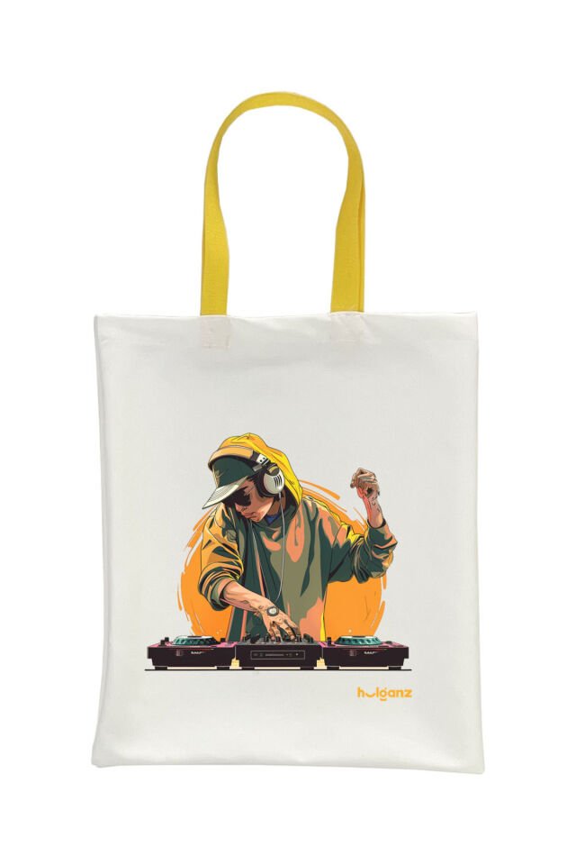 Tote Bag Bez Çanta  DJ Sarı Saplı Baskılı 33x40cm Ekru