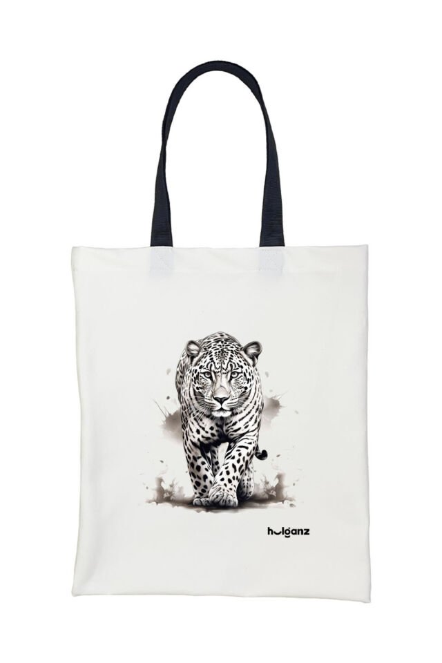 Tote Bag Bez Çanta  Leopar Siyah Saplı Baskılı 33x40cm Ekru