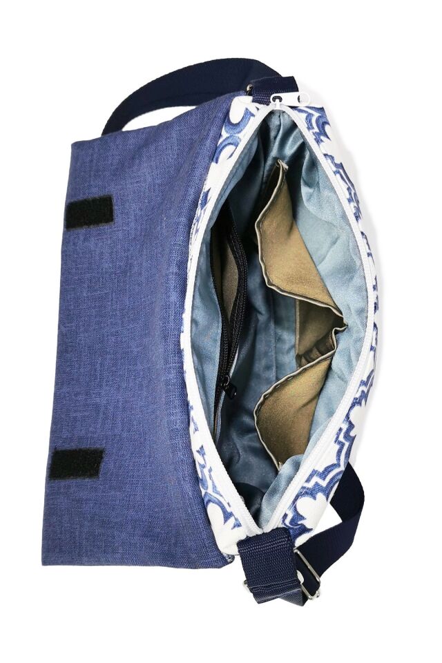 Omuz Postacı Çanta, Su itici Panama, Günlük Tablet Kitap Çantası Fermuarlı Cırtlı 6 iç bölmeli 12inç Mürekkep Mavi