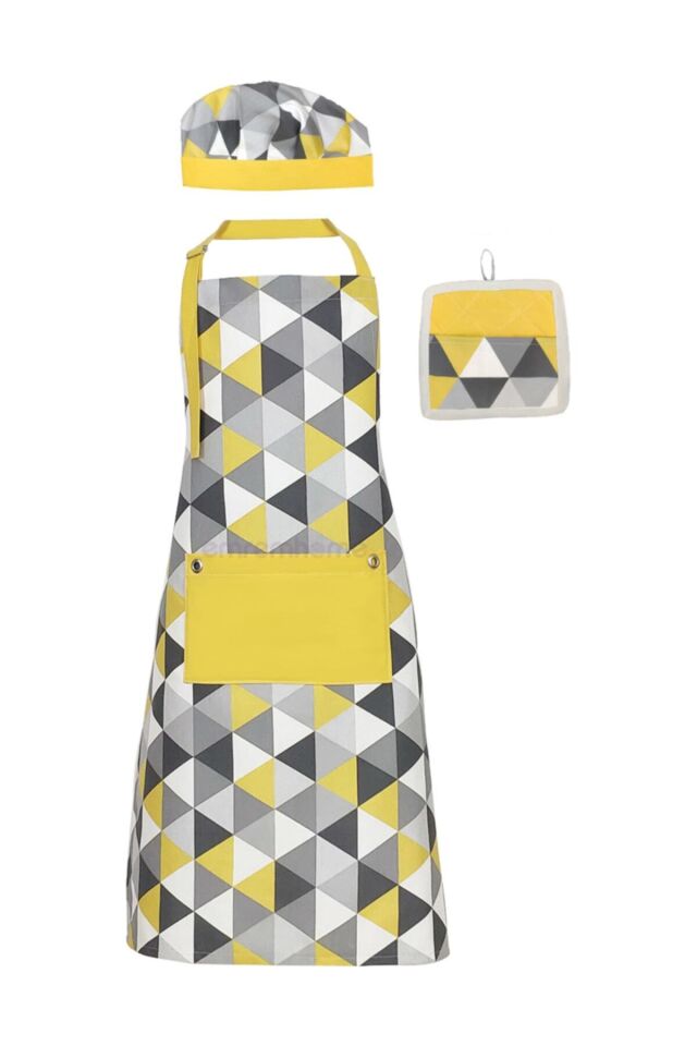 Uzun Mutfak Önlüğü Bone, Ve Tutaç / Leke Tutmaz Ve Su Itici Pisagor Sarı Desen Önlük Seti 55 x 75 - NoColor-5697f416