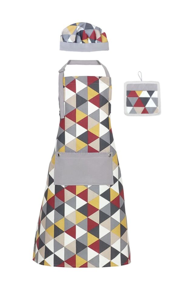 Uzun Mutfak Önlüğü Bone, Ve Tutaç / Leke Tutmaz Ve Su Itici Pisagor Sarı Desen Önlük Seti 55 x 75 - NoColor-cbadf515