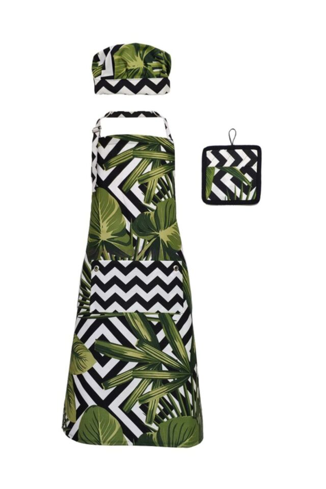 Uzun Mutfak Önlüğü Bone, Ve Tutaç / Leke Tutmaz Ve Su Itici Tropikal Önlük Seti 55 x 75 - NoColor-2b9e2430