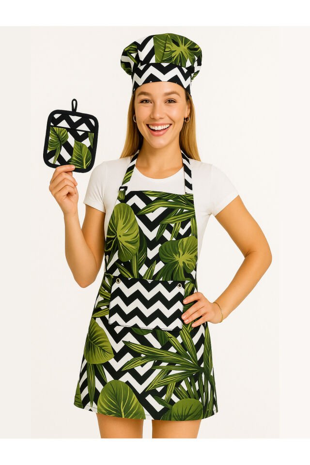 Uzun Mutfak Önlüğü Bone, Ve Tutaç / Leke Tutmaz Ve Su Itici Tropikal Önlük Seti 55 x 75 - NoColor-2b9e2430