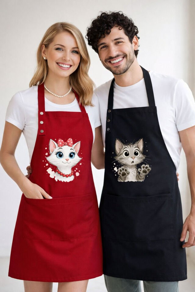 Mutfak Önlüğü Seti 2'li Leke Tutmaz Su itici Kumaş Solmaz Baskı Şef Kedicik Desenli Çift Önlük