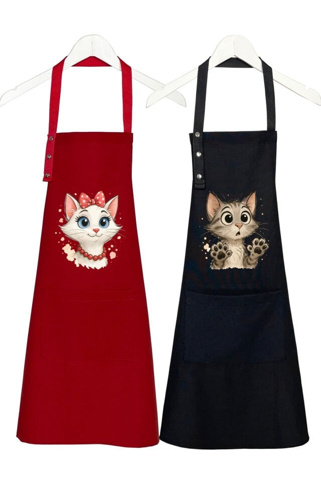Mutfak Önlüğü Seti 2'li Leke Tutmaz Su itici Kumaş Solmaz Baskı Şef Kedicik Desenli Çift Önlük
