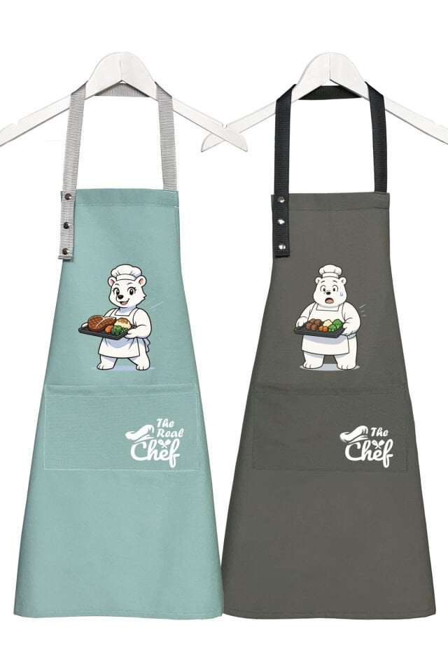 Mutfak Önlüğü Seti 2'li Leke Tutmaz Su itici Kumaş Solmaz Baskı Şef Ayıcık Desenli Çift Önlük