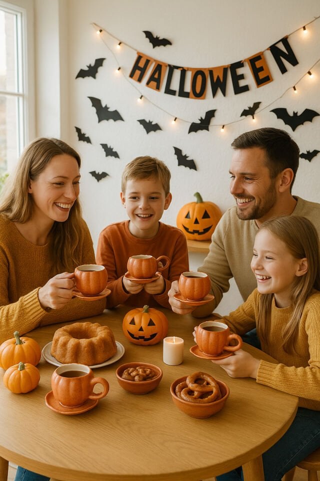 El Yapımı Seramik Kupa Balkabağı / Pumpkin Çay Kahve Fincanı Mug Bardak ve Tabak Halloween
