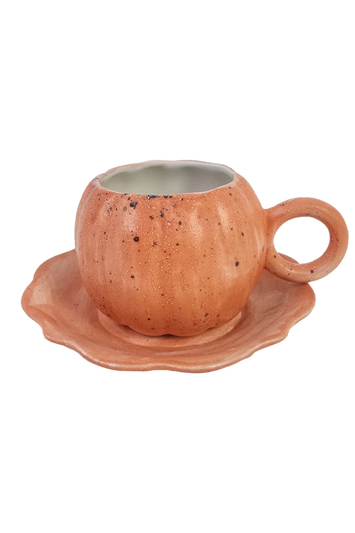 El Yapımı Seramik Kupa Balkabağı / Pumpkin Çay Kahve Fincanı Mug Bardak ve Tabak Halloween