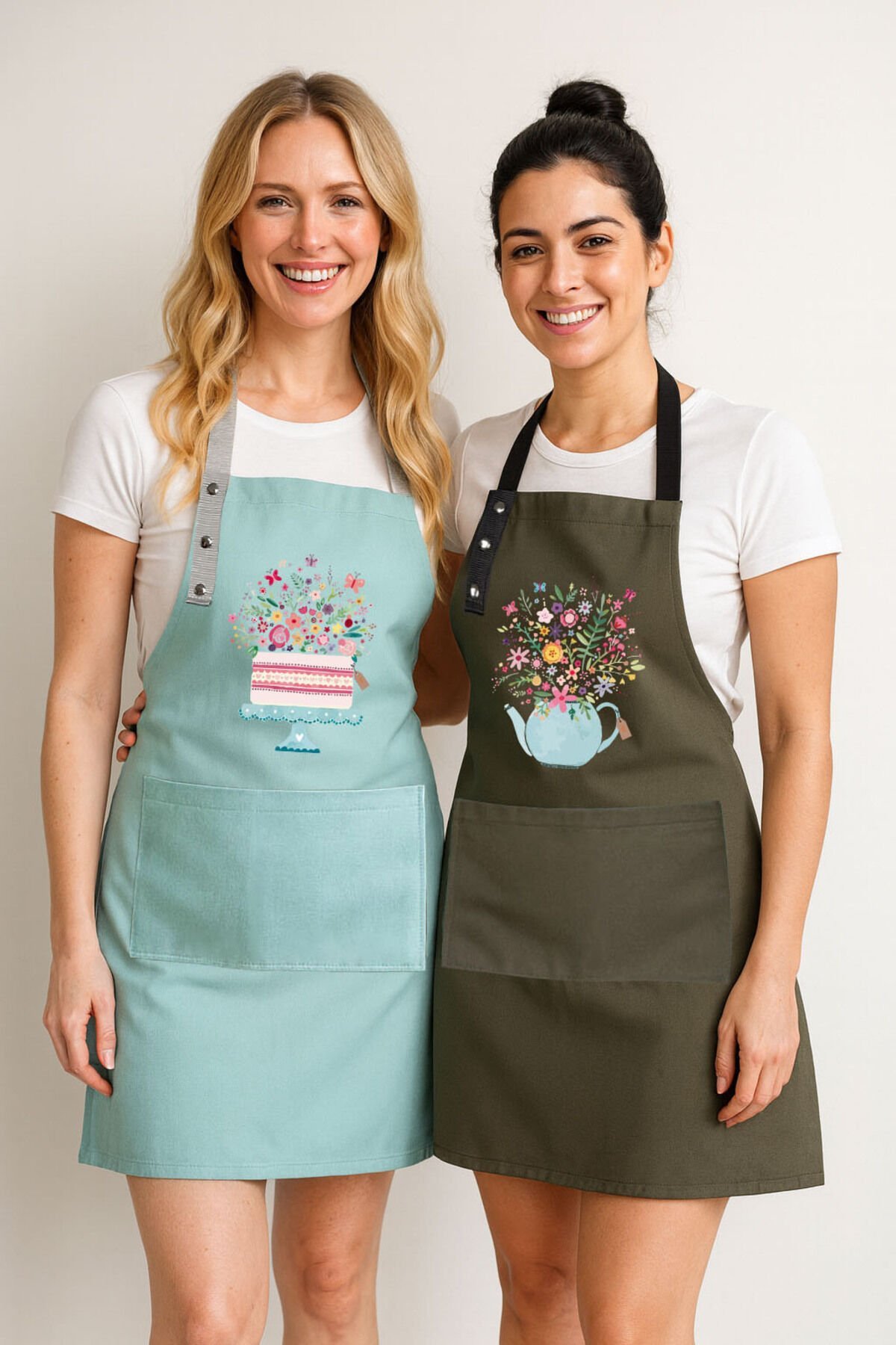 Mutfak Önlüğü Seti 2'li Leke Tutmaz Su itici Kumaş Solmaz Baskı Çiçekli Pasta ve Demlik Desenli