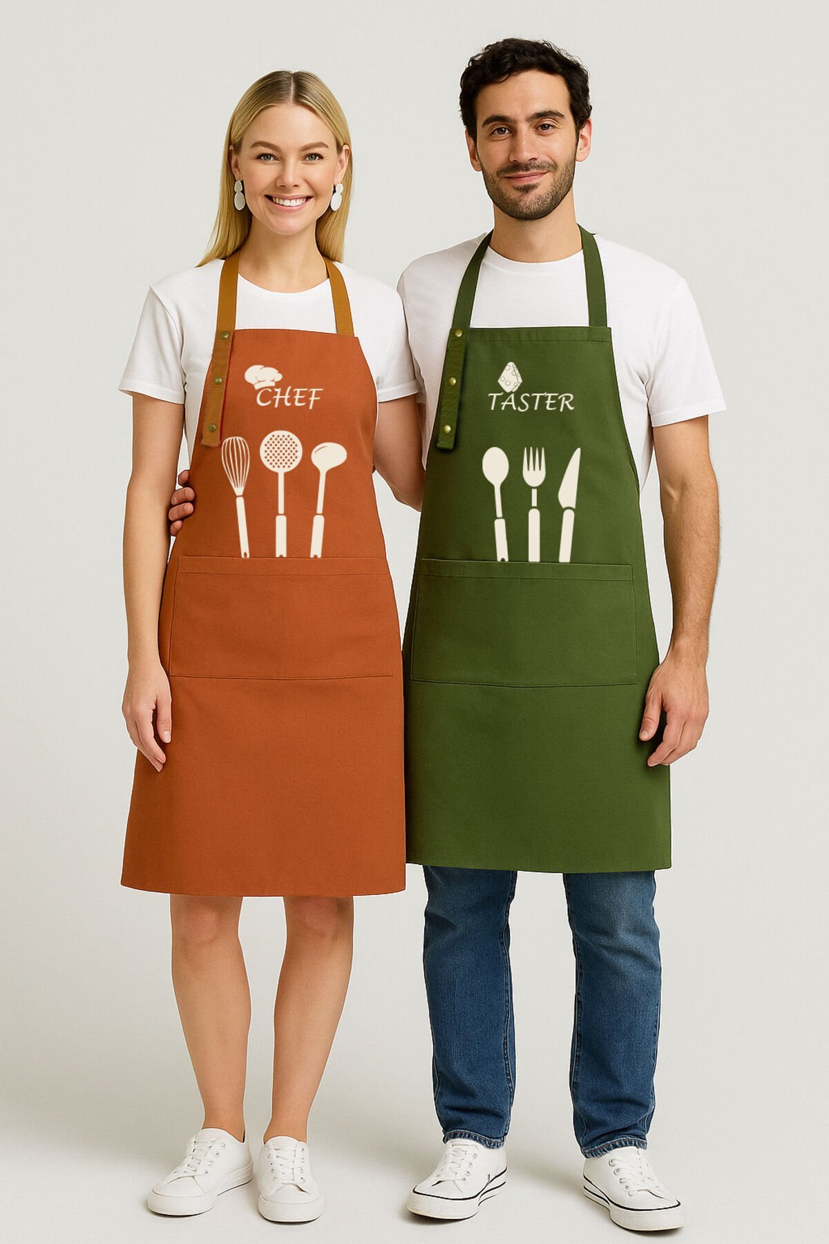 Mutfak Önlüğü Seti 2'li Leke Tutmaz Su Itici Kumaş Solmaz Baskı Chef & Taster Çeyiz Şef Önlük