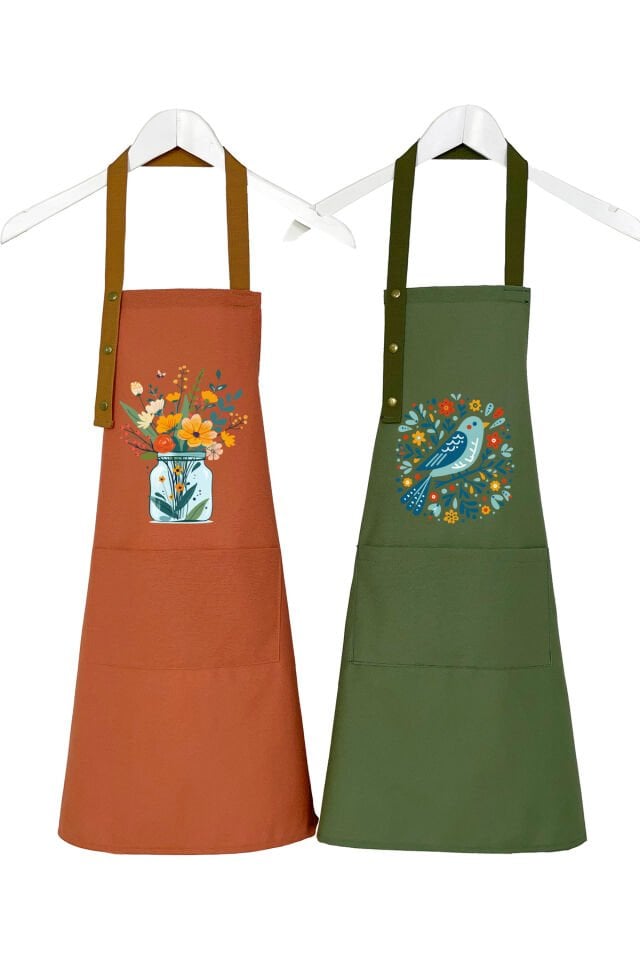 Mutfak Önlüğü Seti 2'li Leke Tutmaz Su itici Kumaş Solmaz Baskı Çiçek Kuş Önlük
