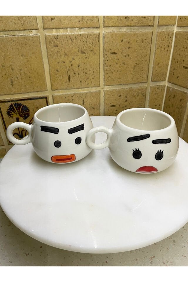 El Yapımı Seramik Kupa Karı & Koca / Azimli & Endişeli Çay Kahve Fincanı 2'li Mug Karikatür Bardak