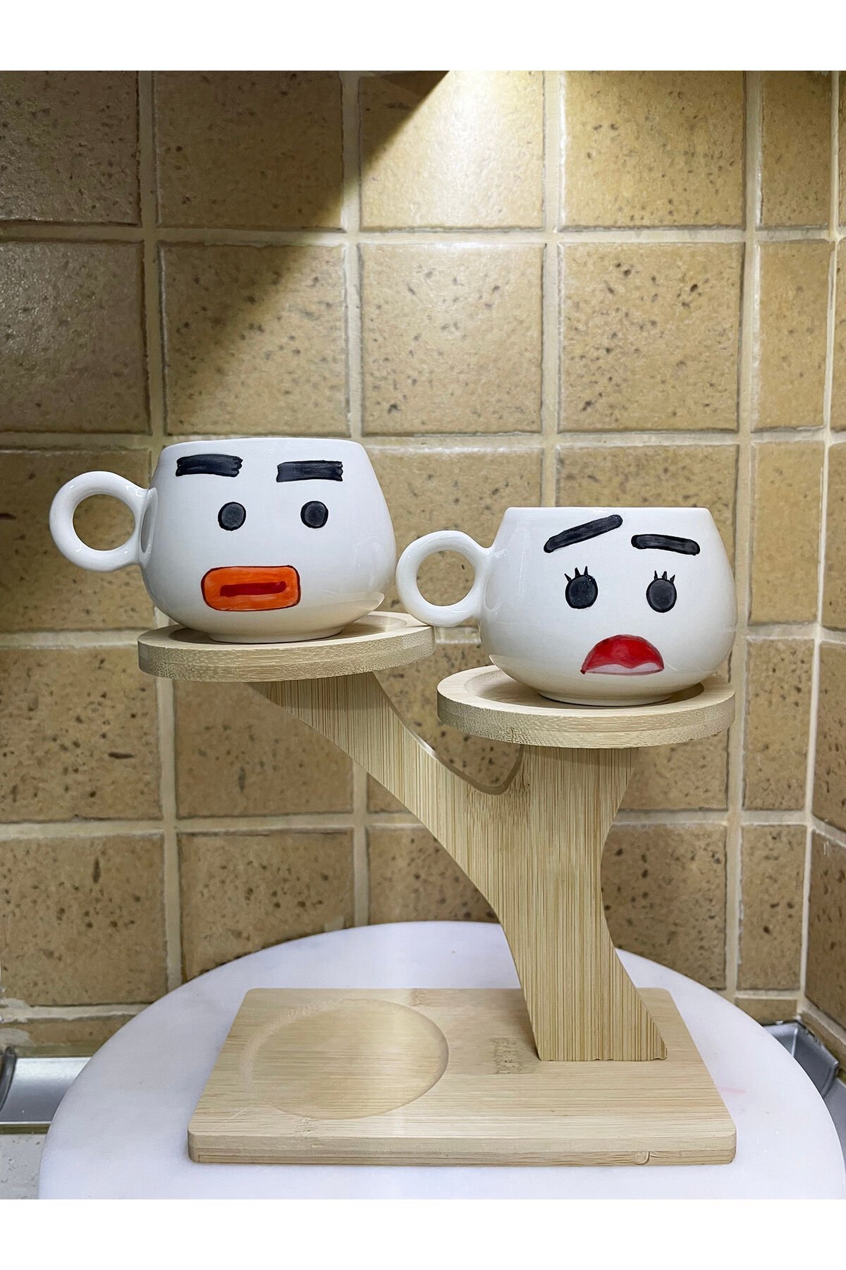 El Yapımı Seramik Kupa Karı & Koca / Azimli & Endişeli Çay Kahve Fincanı 2'li Mug Karikatür Bardak