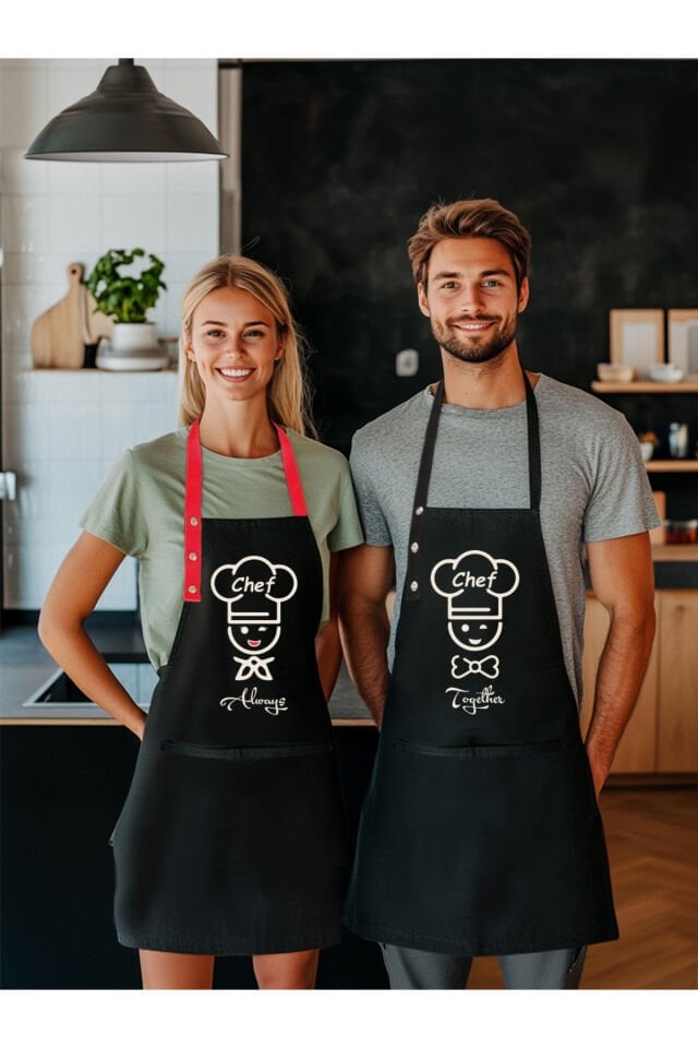 Mutfak Önlüğü Seti 2'li Siyah Leke Tutmaz Su Itici Kumaş Şefler Baskı Çeyiz Hediye